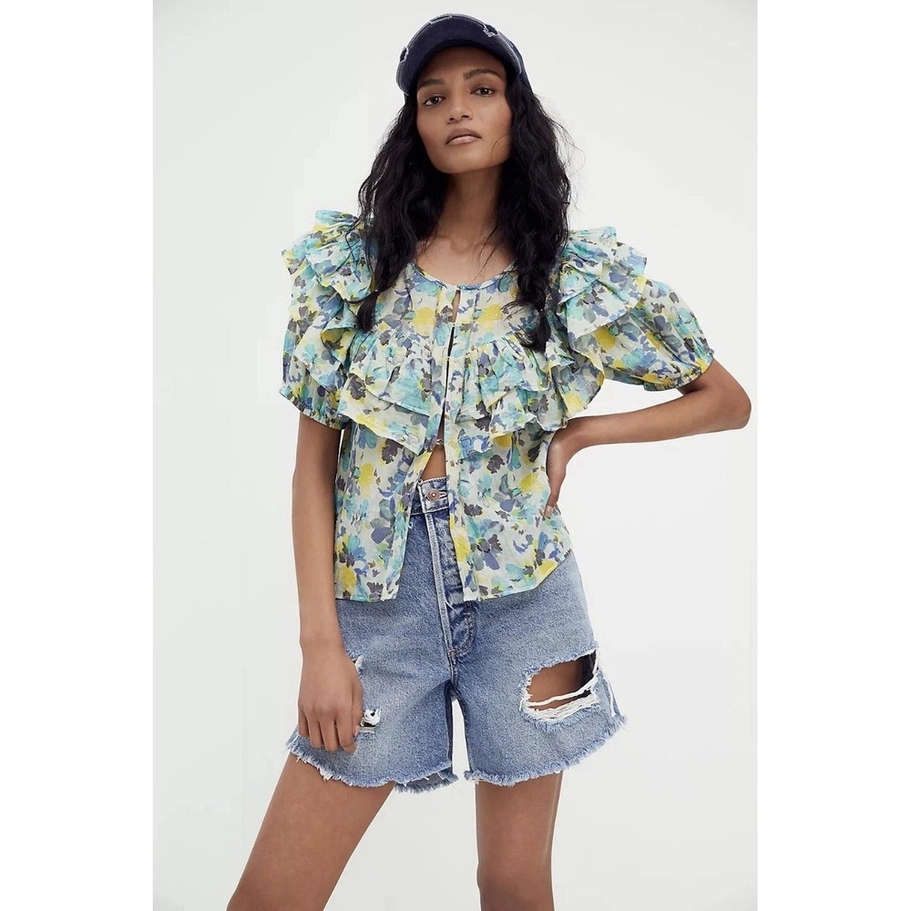 Love Shack Fancy Amora Top Size Large Blue Yellow Floral Ruffles Short Sleeve